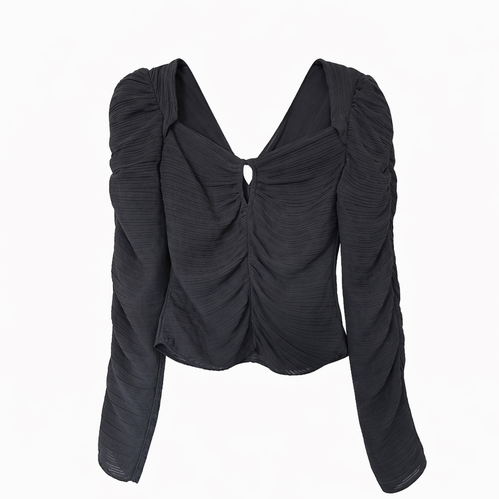 FRAME Ruched Long Sleeve Top Black Tie Front Puff Shoulder Blouse